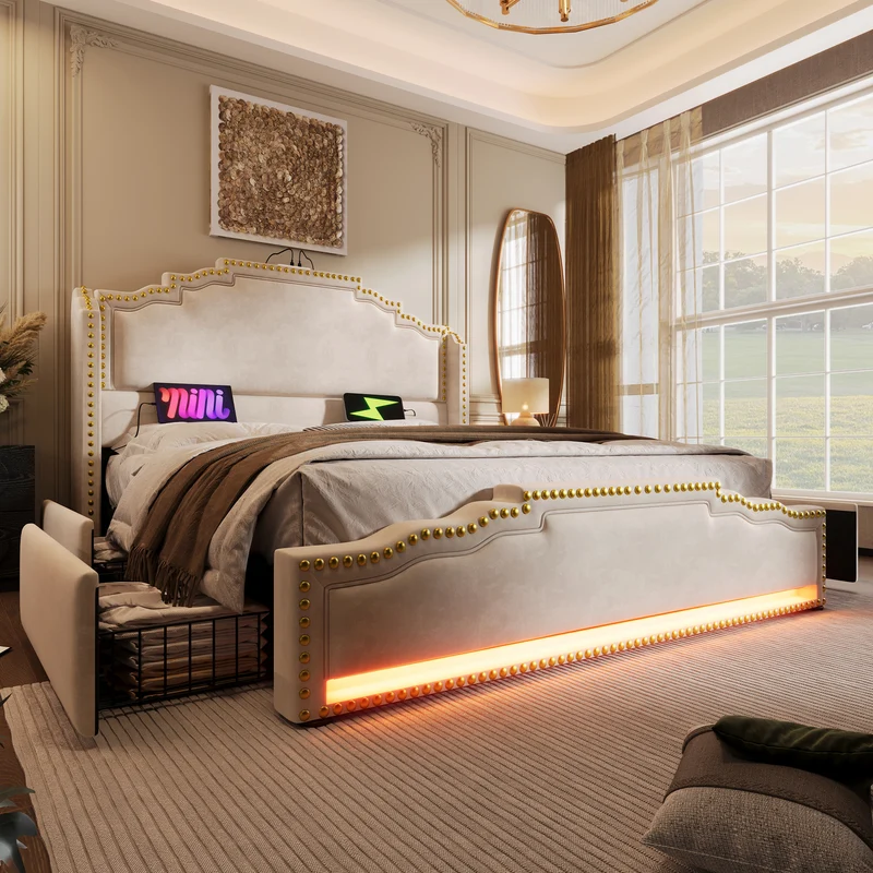 Lit double 140x200 en velours beige avec LED, 4 tiroirs, ports USB-C, tête de lit vintage, sans matelas
