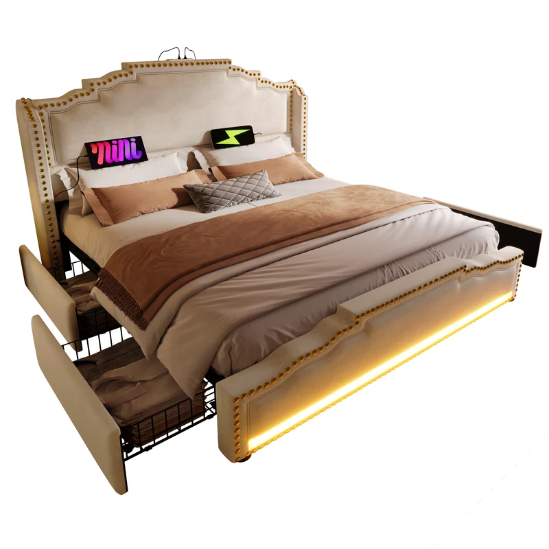Lit double 140x200 en velours beige avec LED, 4 tiroirs, ports USB-C, tête de lit vintage, sans matelas