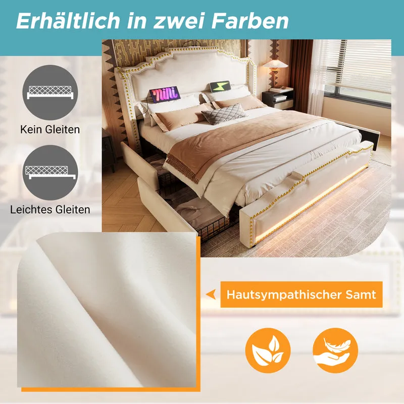 Lit double 140x200 en velours beige avec LED, 4 tiroirs, ports USB-C, tête de lit vintage, sans matelas