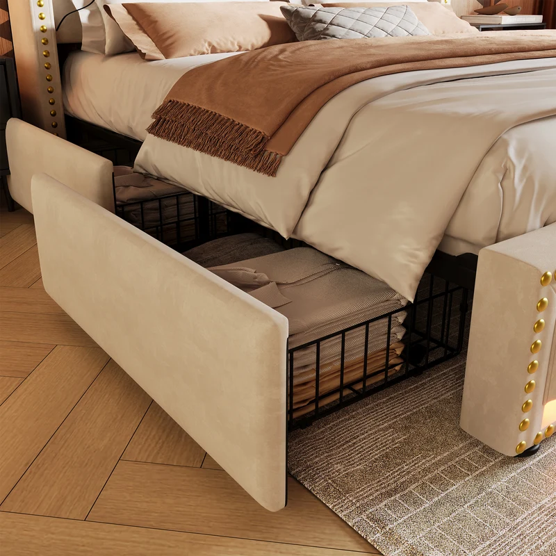 Lit double 140x200 en velours beige avec LED, 4 tiroirs, ports USB-C, tête de lit vintage, sans matelas