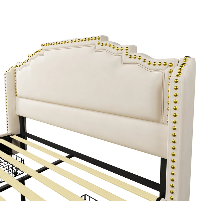 Lit double 140x200 en velours beige avec LED, 4 tiroirs, ports USB-C, tête de lit vintage, sans matelas