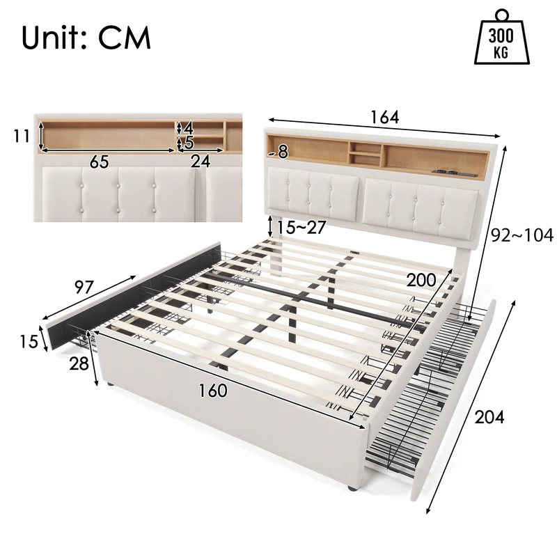Lit double 160x200cm avec 4 tiroirs, tête de lit réglable, ports USB-C, tissu beige, sommier bois