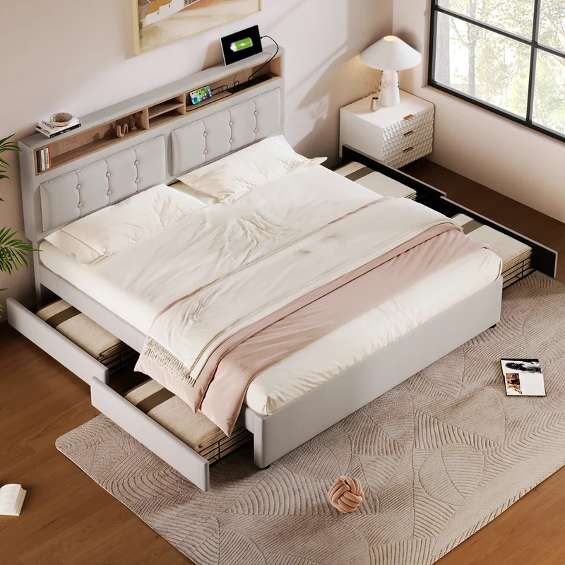 Lit double 160x200cm avec 4 tiroirs, tête de lit réglable, ports USB-C, tissu beige, sommier bois