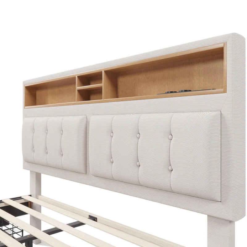 Lit double 160x200cm avec 4 tiroirs, tête de lit réglable, ports USB-C, tissu beige, sommier bois