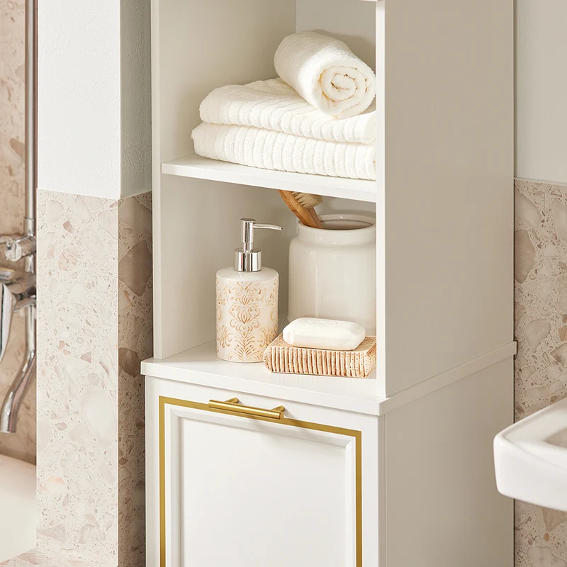 SoBuy BZR87-W Meuble Colonne de Salle de Bain Armoire Haute Étagère étroite avec 2 Portes, 2 Compartiments et 1 Panier à Linge