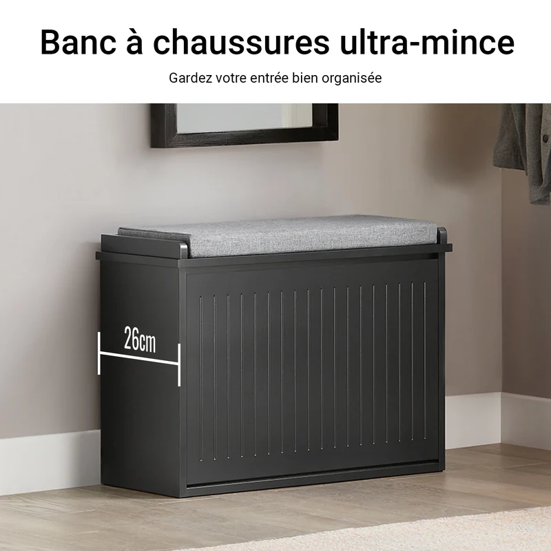 SoBuy FSR98-SCH Banc à Chaussures avec Coussin Rembourré et 1 Abattant pour Entrée Couloir – 60x26x46 cm, Noir