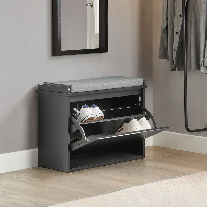 SoBuy FSR98-SCH Banc à Chaussures avec Coussin Rembourré et 1 Abattant pour Entrée Couloir – 60x26x46 cm, Noir