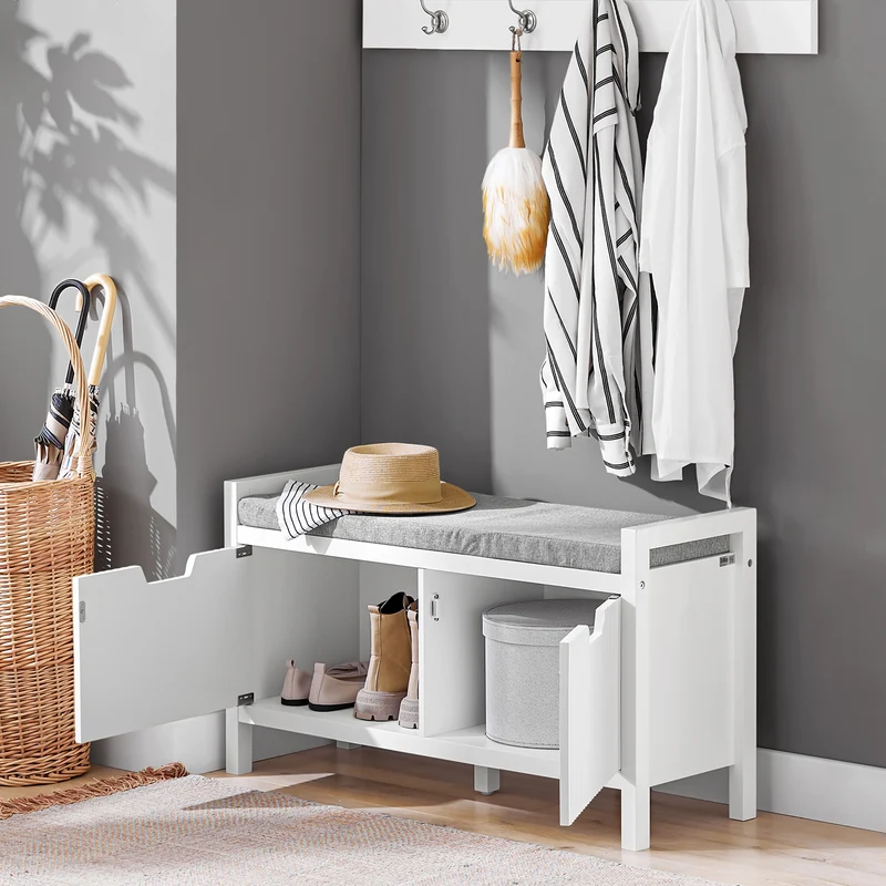 SoBuy FSR146-W Banc à Chaussures avec Coussin Rembourré et 2 Portes pour Entrée Couloir – 91x30x50 cm, Blanc