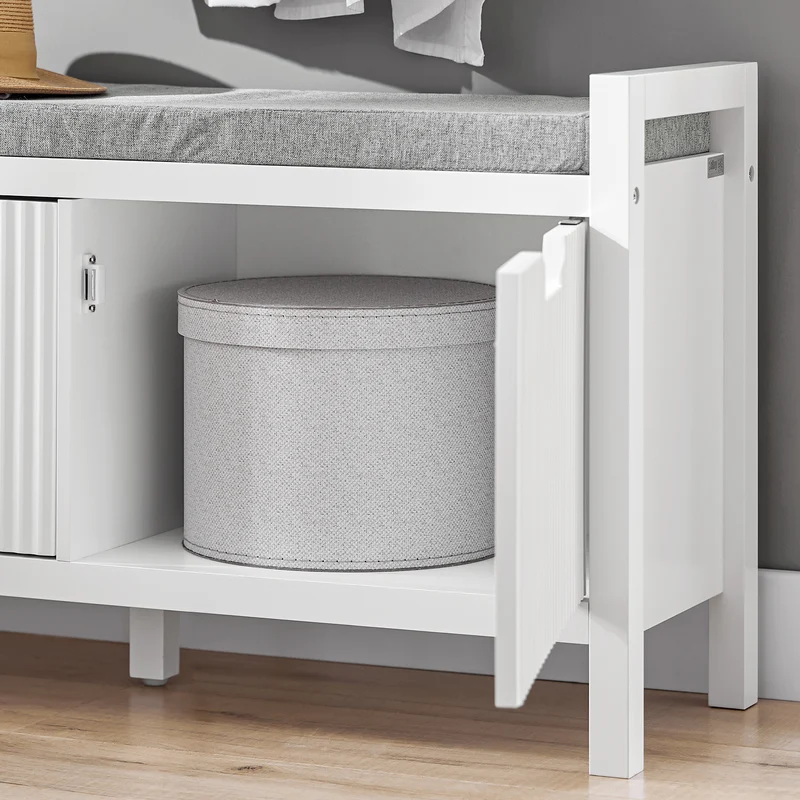 SoBuy FSR146-W Banc à Chaussures avec Coussin Rembourré et 2 Portes pour Entrée Couloir – 91x30x50 cm, Blanc