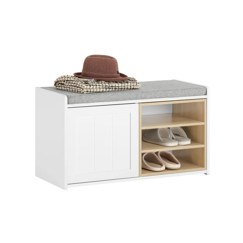 SoBuy FSR109-WN Banc à Chaussures avec Coussin Rembourré et Étagère Amovible pour Entrée Couloir – 80x35x45 cm, Blanc et Naturel