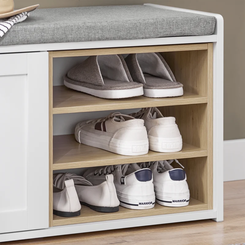 SoBuy FSR109-WN Banc à Chaussures avec Coussin Rembourré et Étagère Amovible pour Entrée Couloir – 80x35x45 cm, Blanc et Naturel