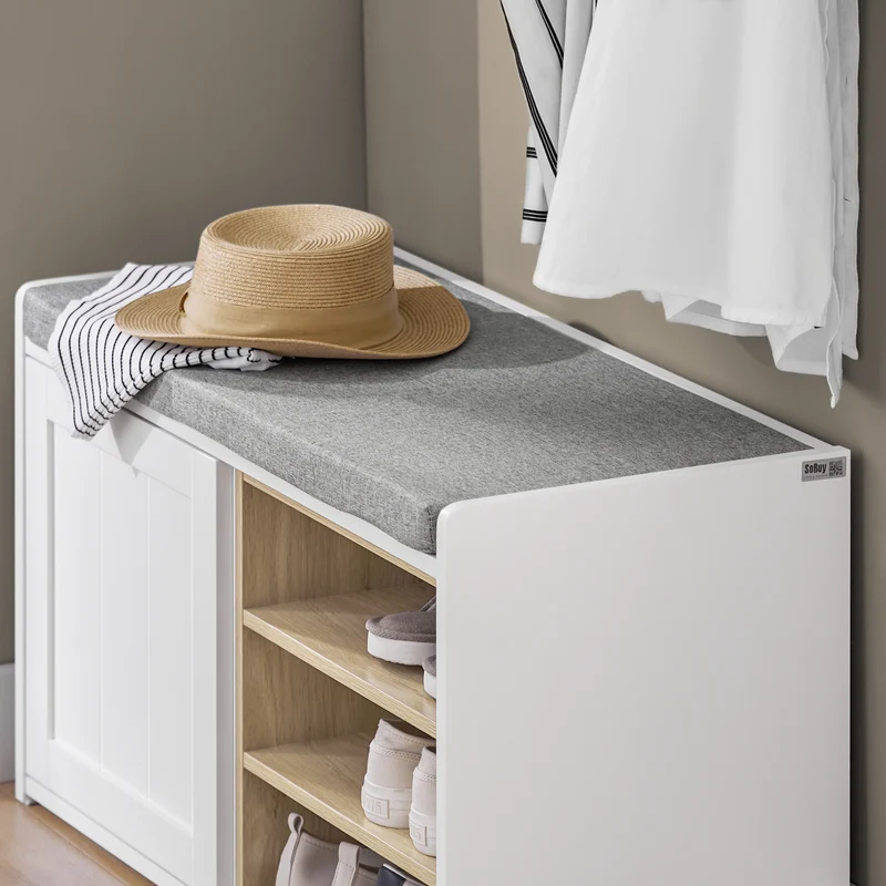 SoBuy FSR109-WN Banc à Chaussures avec Coussin Rembourré et Étagère Amovible pour Entrée Couloir – 80x35x45 cm, Blanc et Naturel