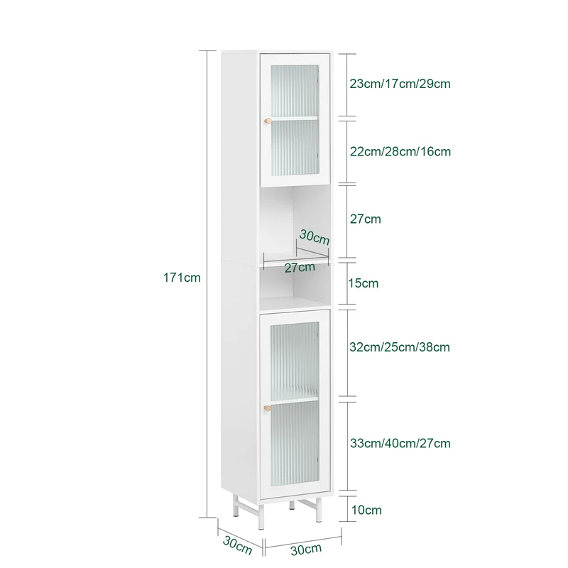 SoBuy BZR118-W Meuble Colonne de Salle de Bain Étagère étroite Armoire Haute Placard de Rangement avec 2 Portes en Verre, 2 Compartiments Ouverts
