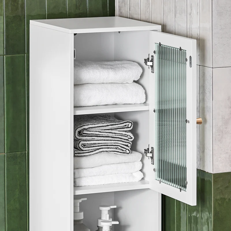 SoBuy BZR118-W Meuble Colonne de Salle de Bain Étagère étroite Armoire Haute Placard de Rangement avec 2 Portes en Verre, 2 Compartiments Ouverts