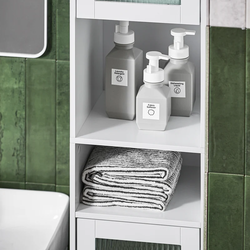 SoBuy BZR118-W Meuble Colonne de Salle de Bain Étagère étroite Armoire Haute Placard de Rangement avec 2 Portes en Verre, 2 Compartiments Ouverts