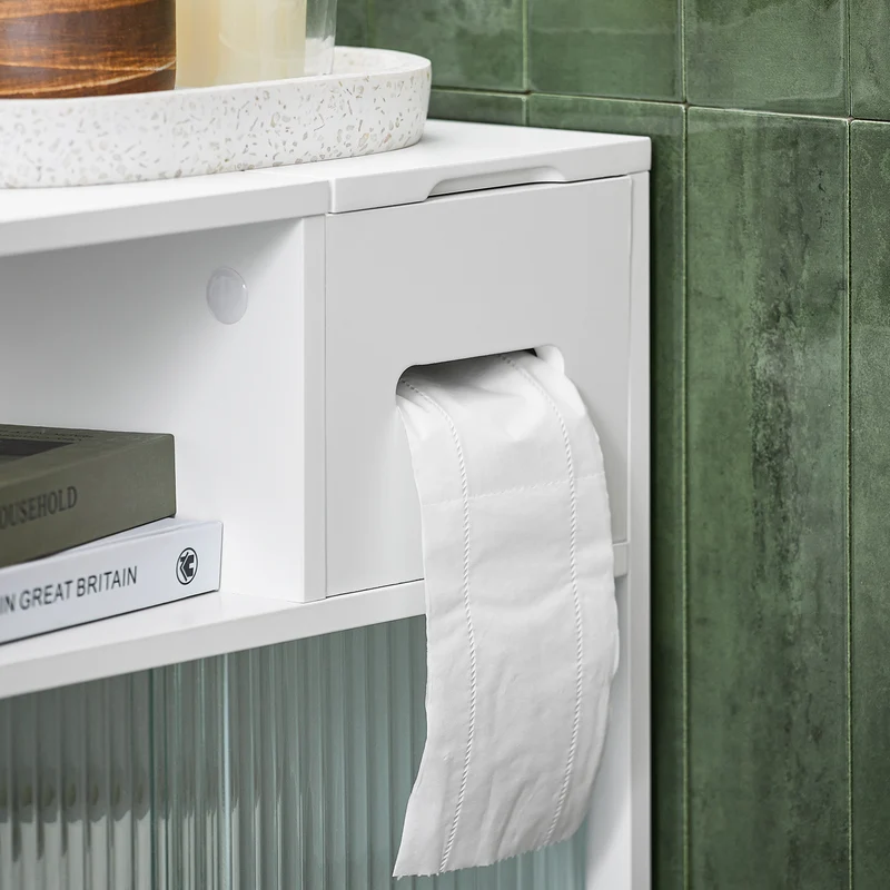 SoBuy BZR117-W Armoire WC Toilettes, Meuble Étroit Salle de Bain sur Roulettes, Support Papier Toilette avec 2 Portes Coulissantes en Verre