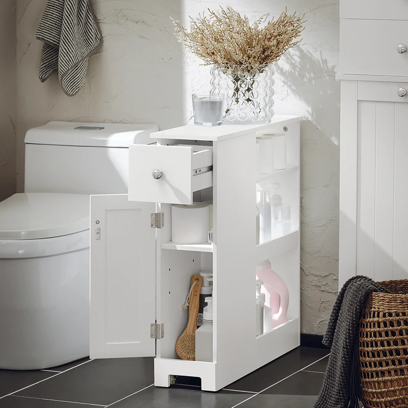 SoBuy BZR106-W Meuble de Rangement Salle de Bain Étroit sur Roulettes, Support Papier Toilette, Armoire Toilettes WC Compact Chariot de Stockage
