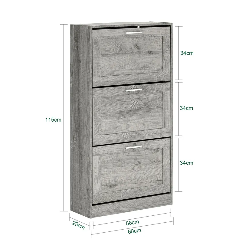 SoBuy FSR137-L-HG Meuble à Chaussures à Abattants 3 Niveaux Grande Capacité – Rangement Discret pour Entrée – Gris Effet Bois