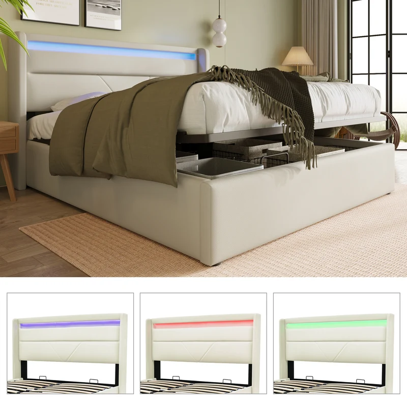 Lit coffre hydraulique 140x200cm blanc PU avec LED et télécommande – Design moderne, grand espace de rangement