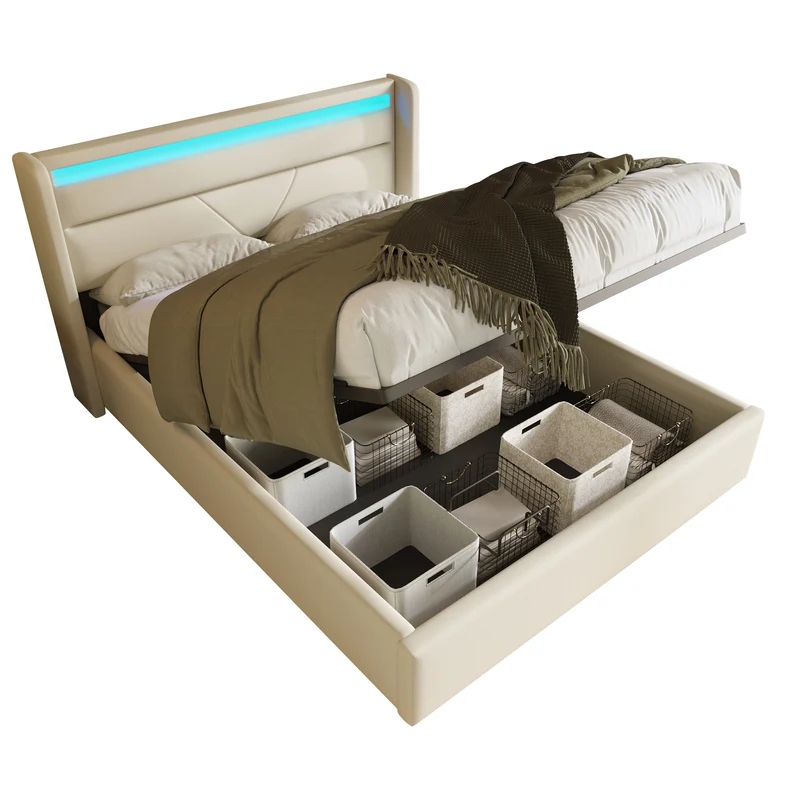 Lit coffre hydraulique 140x200cm blanc PU avec LED et télécommande – Design moderne, grand espace de rangement