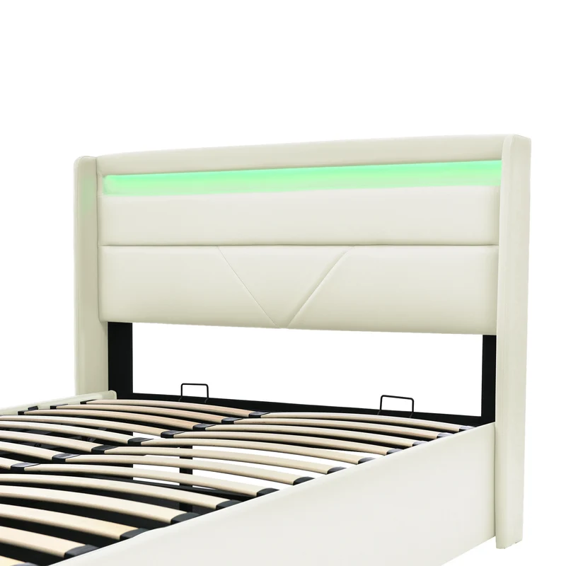 Lit coffre hydraulique 140x200cm blanc PU avec LED et télécommande – Design moderne, grand espace de rangement