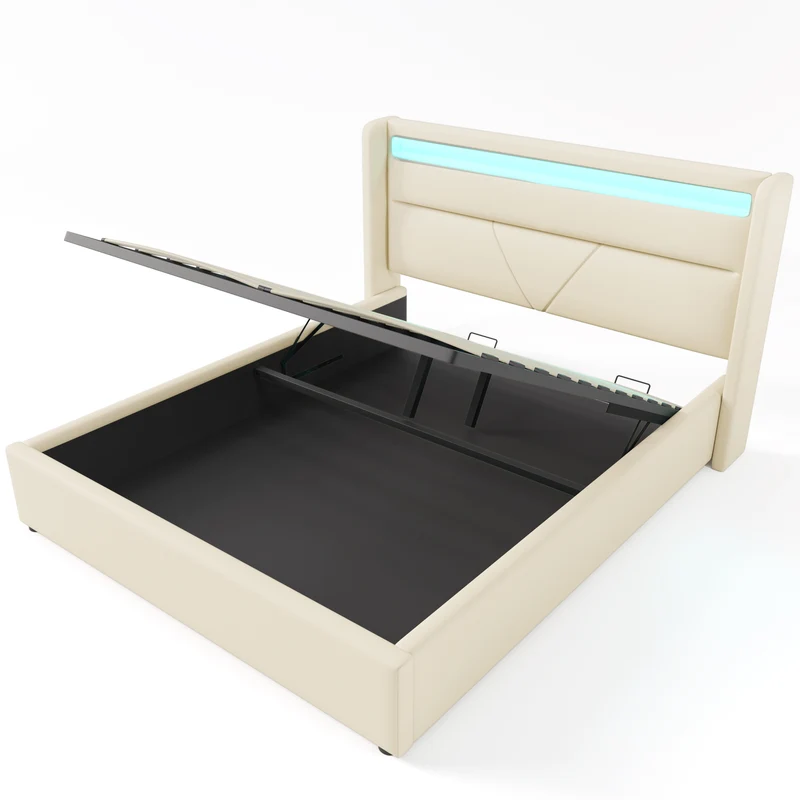 Lit coffre hydraulique 140x200cm blanc PU avec LED et télécommande – Design moderne, grand espace de rangement