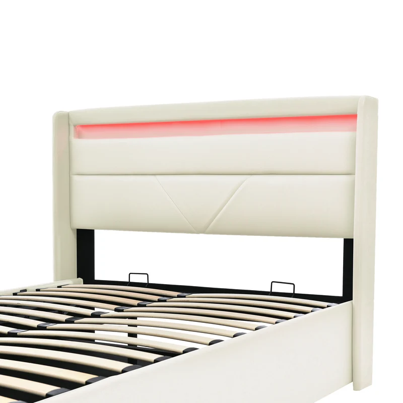 Lit coffre hydraulique 140x200cm blanc PU avec LED et télécommande – Design moderne, grand espace de rangement