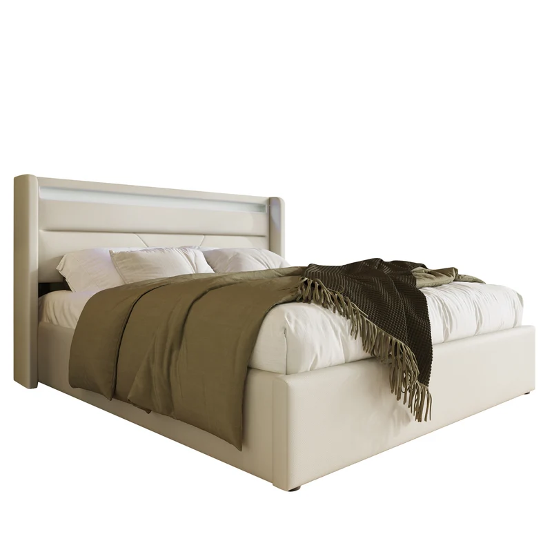 Lit coffre hydraulique 140x200cm blanc PU avec LED et télécommande – Design moderne, grand espace de rangement