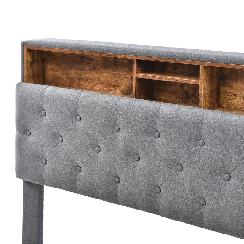 Lit double 140x200 cm avec rangement, tête de lit LED, bois massif, gris, style moderne