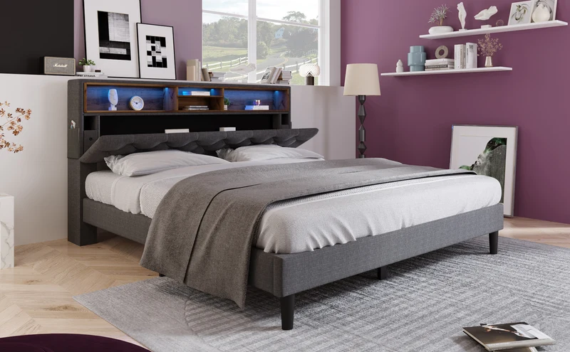 Lit double 140x200 cm avec rangement, tête de lit LED, bois massif, gris, style moderne