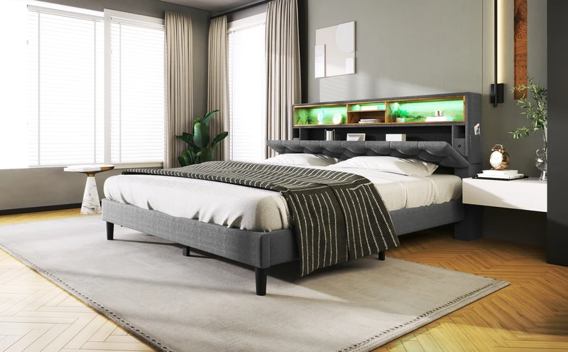 Lit double 140x200 cm avec rangement, tête de lit LED, bois massif, gris, style moderne