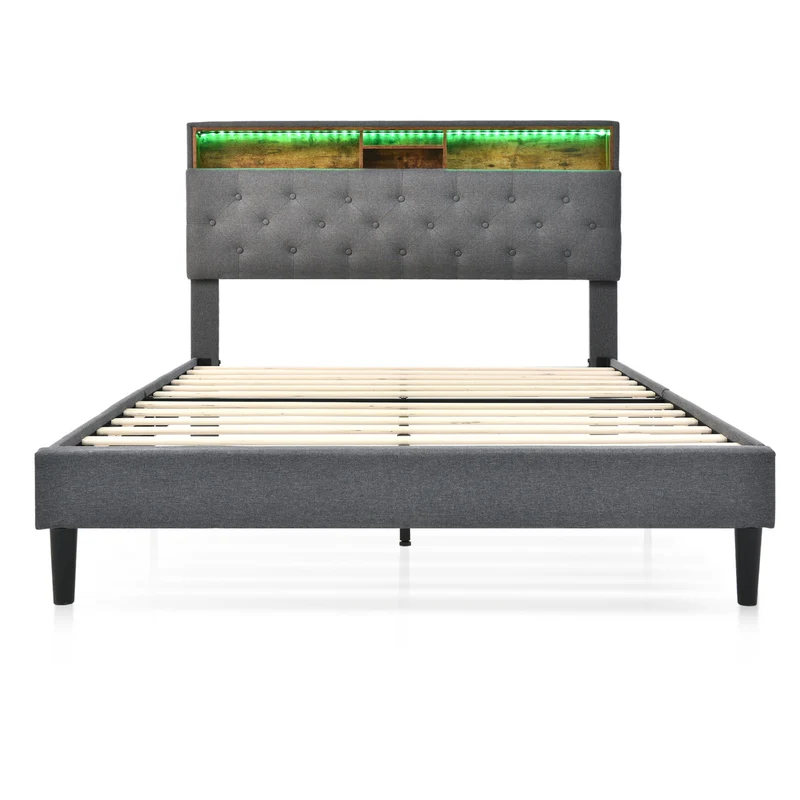 Lit double 140x200 cm avec rangement, tête de lit LED, bois massif, gris, style moderne