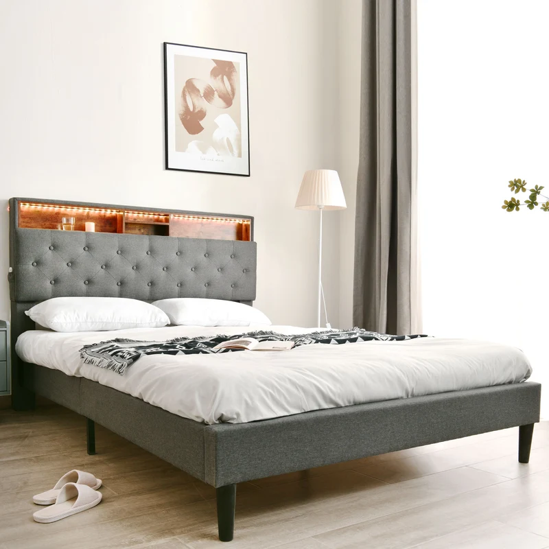 Lit double 140x200 cm avec rangement, tête de lit LED, bois massif, gris, style moderne