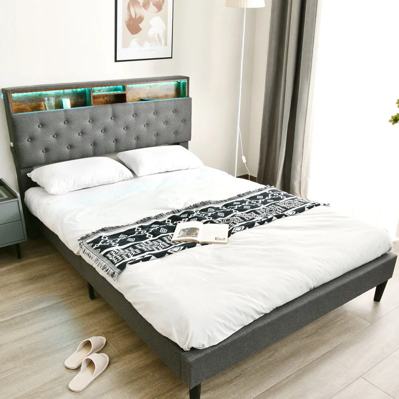 Lit double 140x200 cm avec rangement, tête de lit LED, bois massif, gris, style moderne