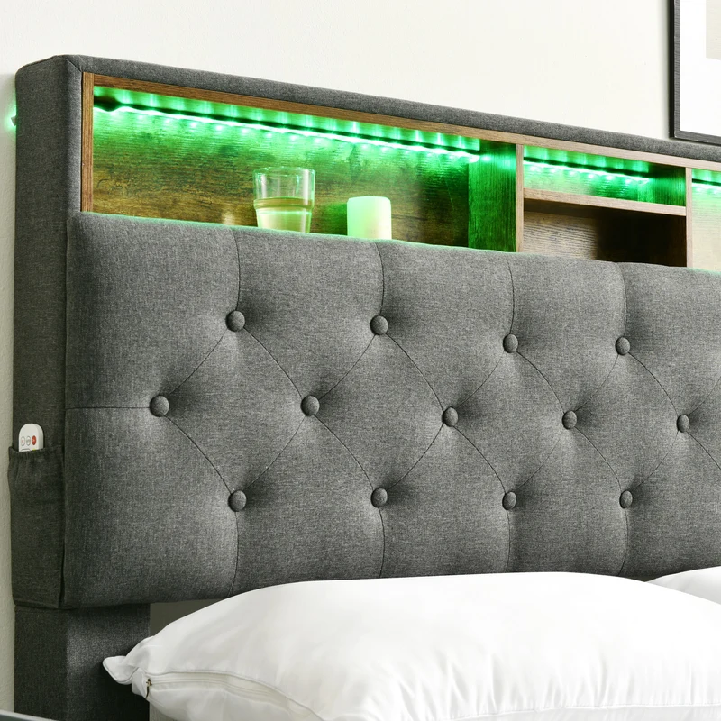 Lit double 140x200 cm avec rangement, tête de lit LED, bois massif, gris, style moderne
