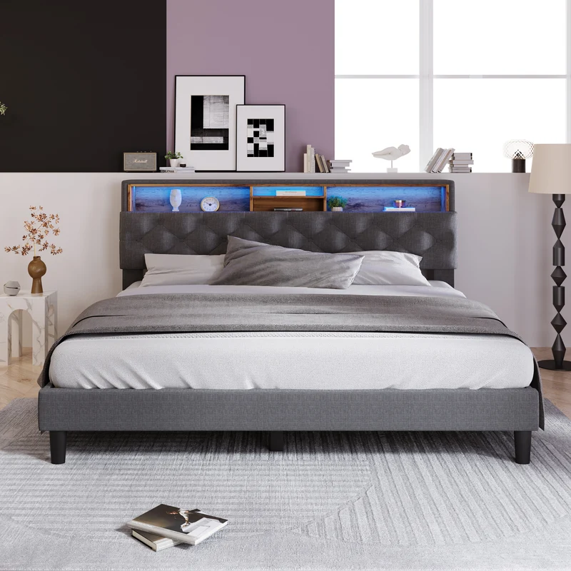 Lit double 140x200 cm avec rangement, tête de lit LED, bois massif, gris, style moderne