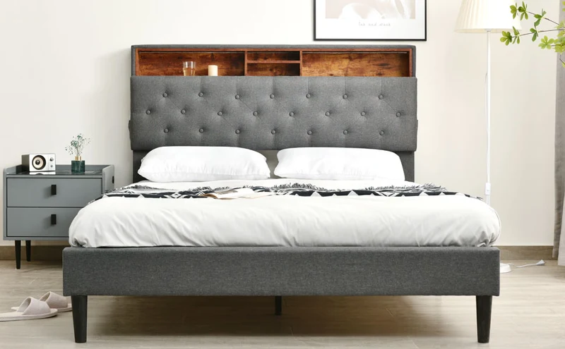 Lit double 140x200 cm avec rangement, tête de lit LED, bois massif, gris, style moderne