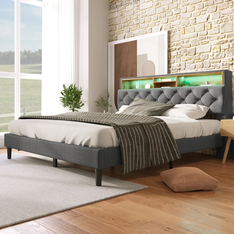 Lit double 140x200 cm avec rangement, tête de lit LED, bois massif, gris, style moderne