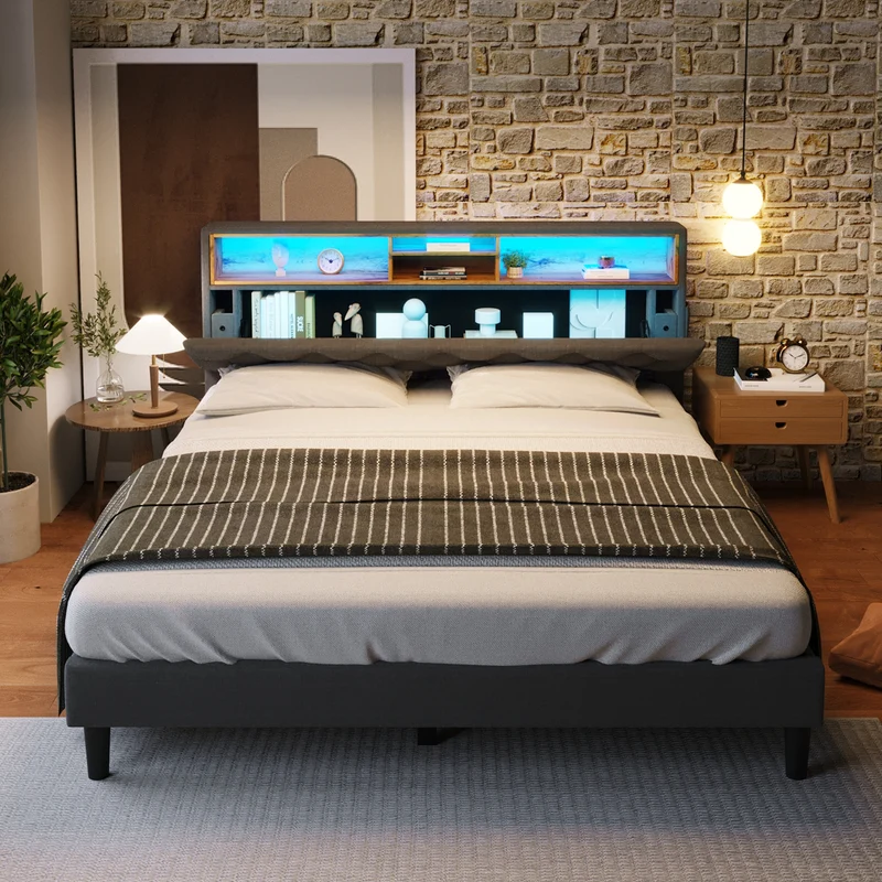 Lit double 140x200 cm avec rangement, tête de lit LED, bois massif, gris, style moderne