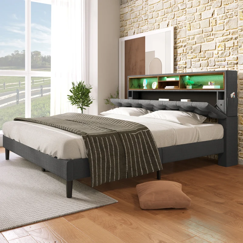 Lit double 140x200 cm avec rangement, tête de lit LED, bois massif, gris, style moderne
