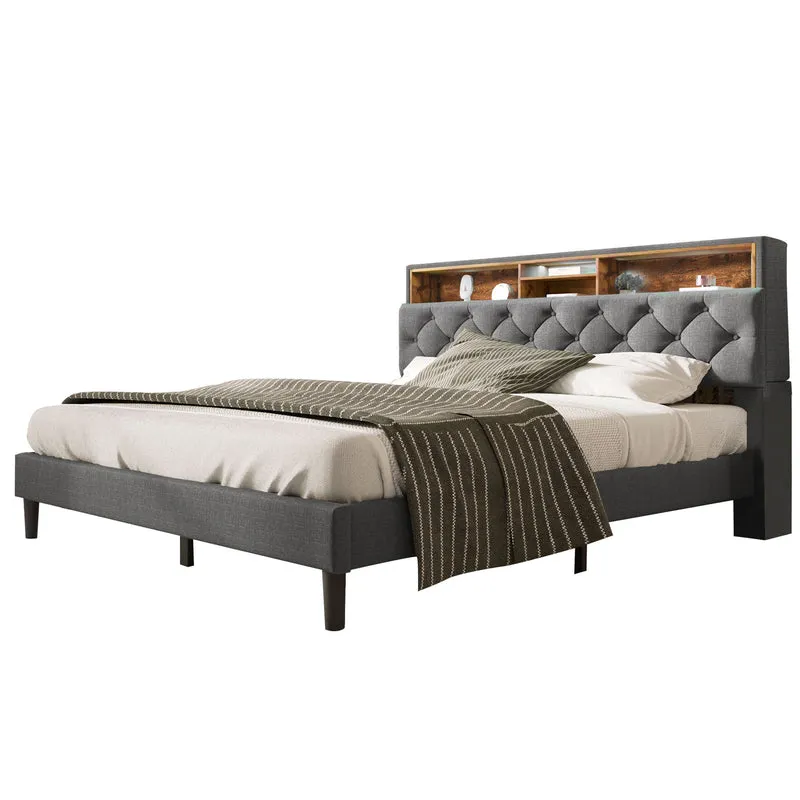 Lit double 140x200 cm avec rangement, tête de lit LED, bois massif, gris, style moderne