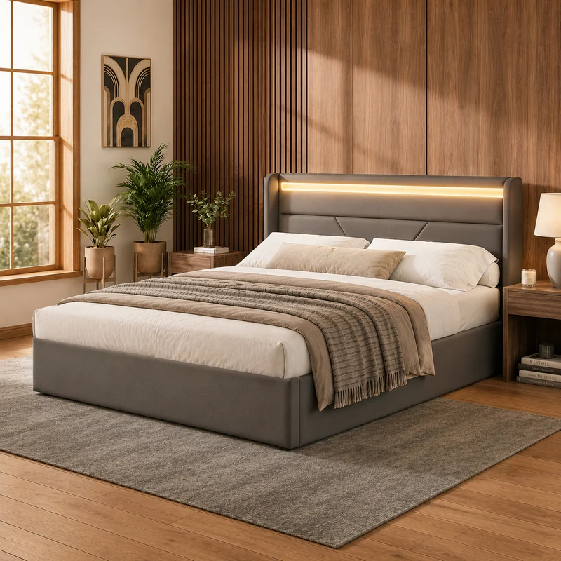 Lit coffre hydraulique 140x200cm gris avec LED et télécommande, cadre de lit rembourré moderne
