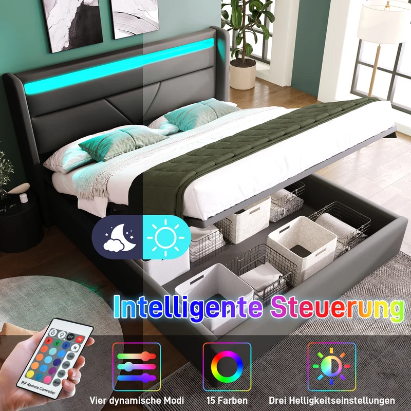 Lit coffre hydraulique 140x200cm gris avec LED et télécommande, cadre de lit rembourré moderne