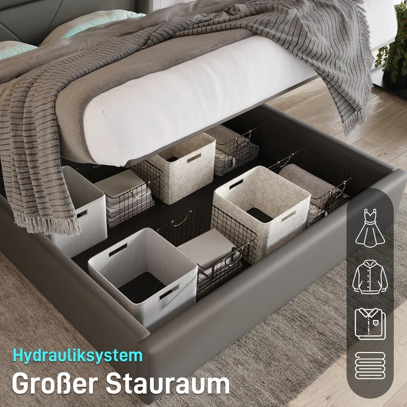 Lit coffre hydraulique 140x200cm gris avec LED et télécommande, cadre de lit rembourré moderne