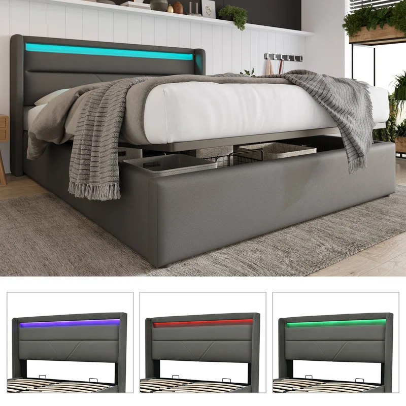 Lit coffre hydraulique 140x200cm gris avec LED et télécommande, cadre de lit rembourré moderne