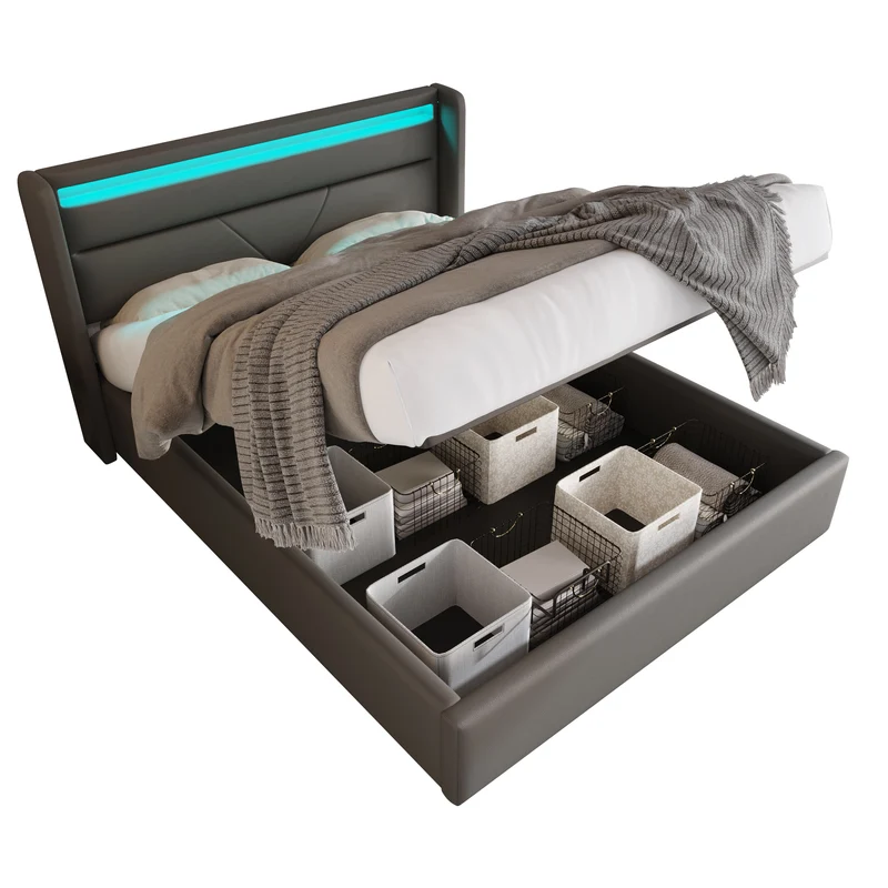 Lit coffre hydraulique 140x200cm gris avec LED et télécommande, cadre de lit rembourré moderne