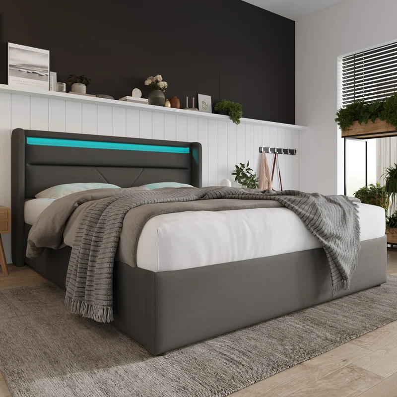 Lit coffre hydraulique 140x200cm gris avec LED et télécommande, cadre de lit rembourré moderne