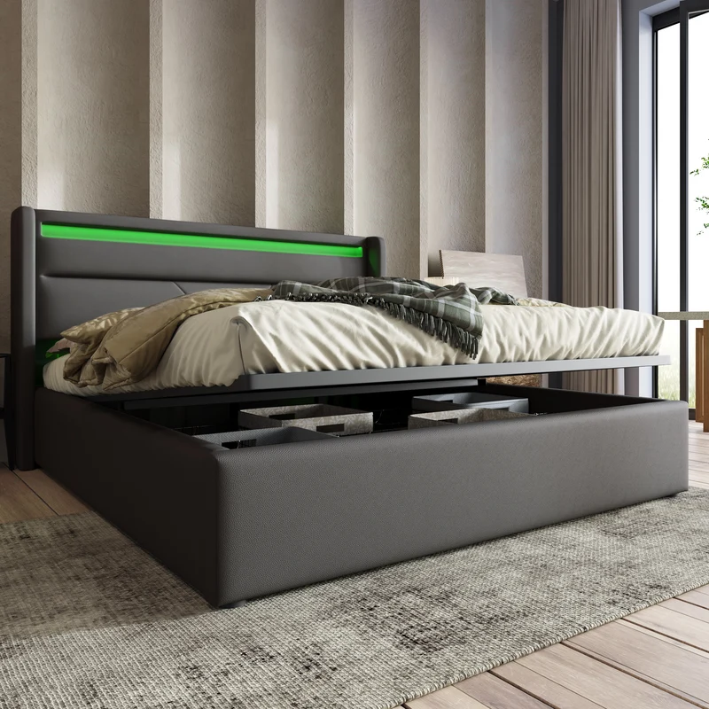 Lit coffre hydraulique 140x200cm gris avec LED et télécommande, cadre de lit rembourré moderne