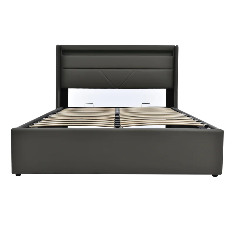 Lit coffre hydraulique 140x200cm gris avec LED et télécommande, cadre de lit rembourré moderne