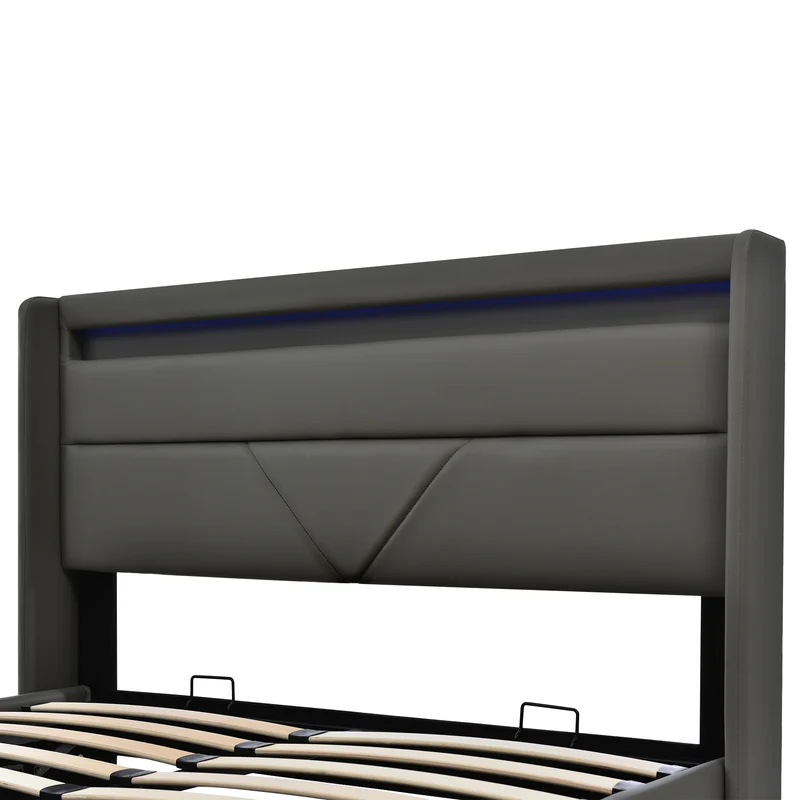 Lit coffre hydraulique 140x200cm gris avec LED et télécommande, cadre de lit rembourré moderne